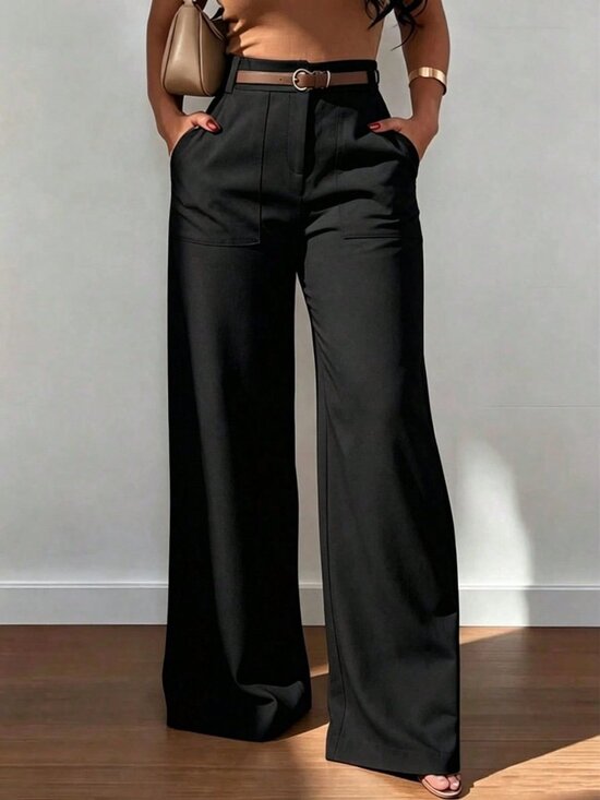 Pants - Black Elegant Women's High-Waist Straight Leg Pants With Pockets